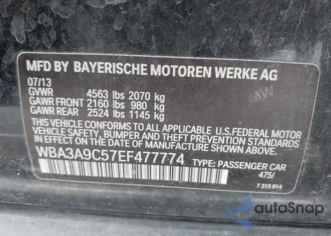 2014 BMW 335I z USA, uszkodzony, nr VIN WBA3A9C57EF477774